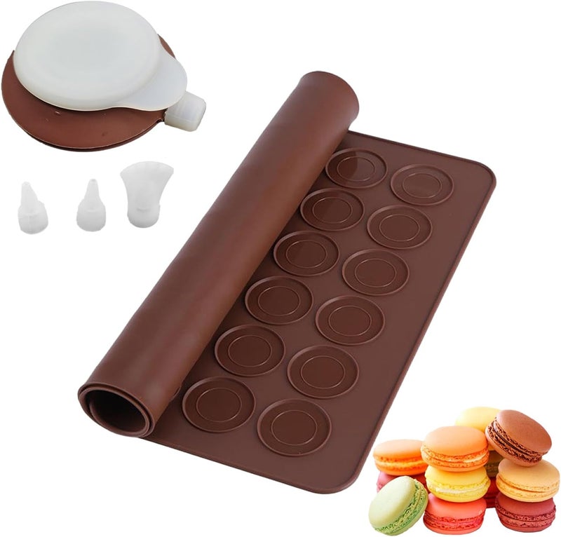 XPAPOV Silicone Macaron Baking Kit, 48 Capacity Macaron Silicone Mat and Decorating Piping Pot with 3 nozzles, Non stick Reusable Macaroon Baking Supplies (Brown) - Image 1